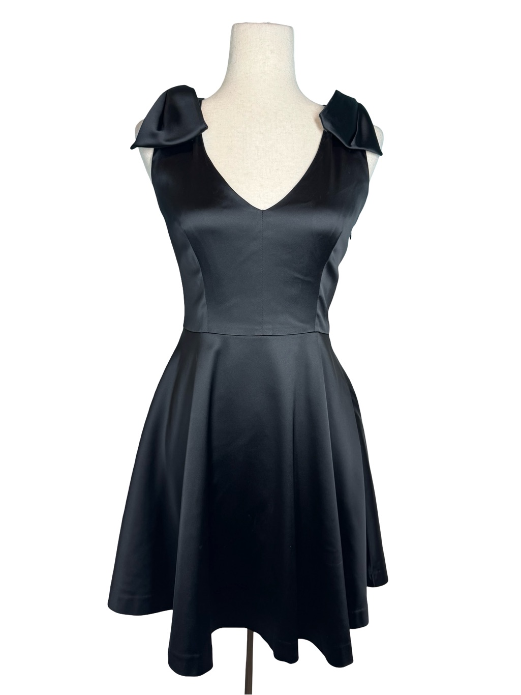 Shoshanna Midnight Black Satin V-Neck Fit-And-Flare Mini Dress Sz 0